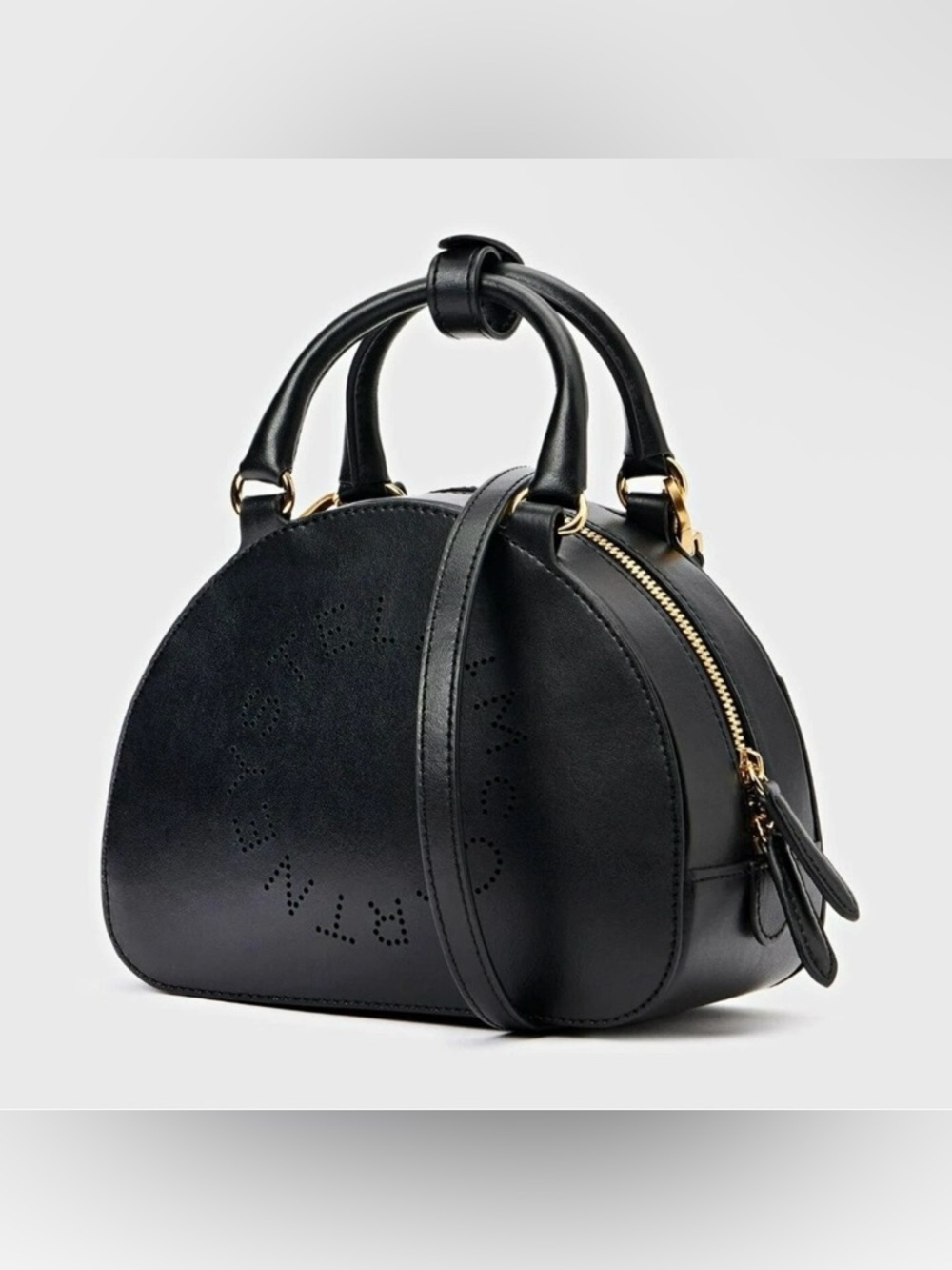 Stella McCartney Black Perforated Dome Satchel with Gold Hardware